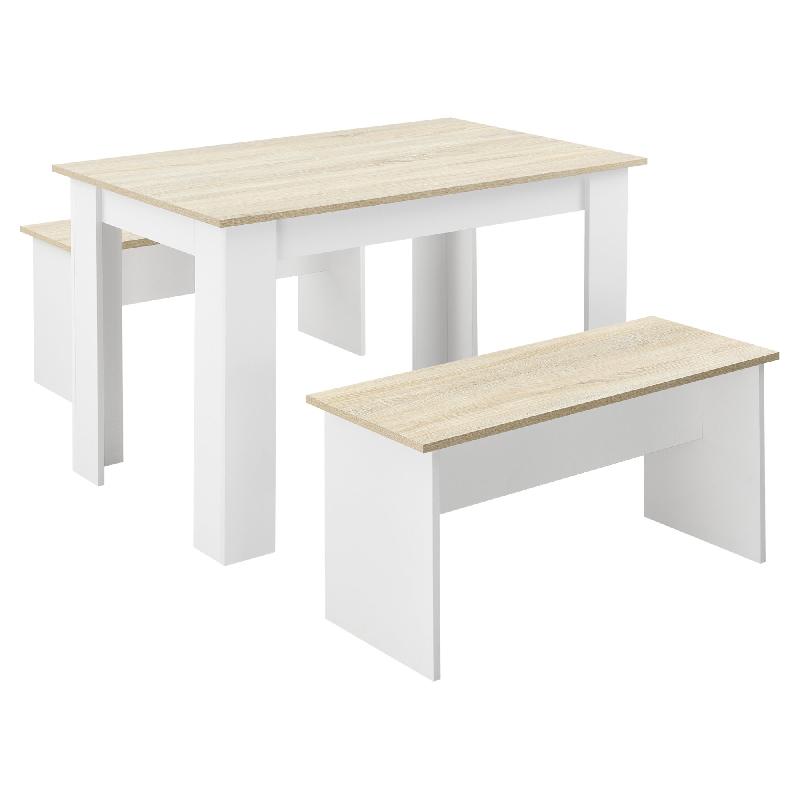 LOT DE TABLE ET 2 BANCS ENSEMBLE DE MEUBLES DE SALLE À MANGER POUR 4 PERSONNES 110 CM BLANC BEIGE 03_0005810_0