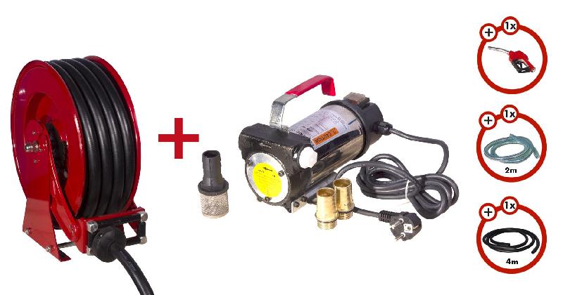 Pack enrouleur Diesel 15 m Ø 3/4 20 bars Acier peint avec pompe 230 V pistolet et tuyaux MW Tools SHD3415 SET3 230_0