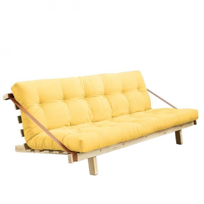 Banquette futon JUMP en pin massif - Coloris jaune - Couchage 130 x 190 cm - Design scandinave avec lanières en cuir_0