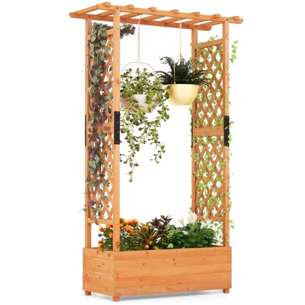 COSTWAY Bac surélevé avec treillis et toit suspendu, en bois, support pour plantes grimpantes 110x44x182 cm, orange. - multicolore Bois massif SF685_0