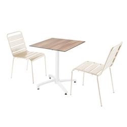 Oviala Business Ensemble table de terrasse stratifié chêne foncé et 2 chaises ivoire - Oviala - blanc métal 110801_0