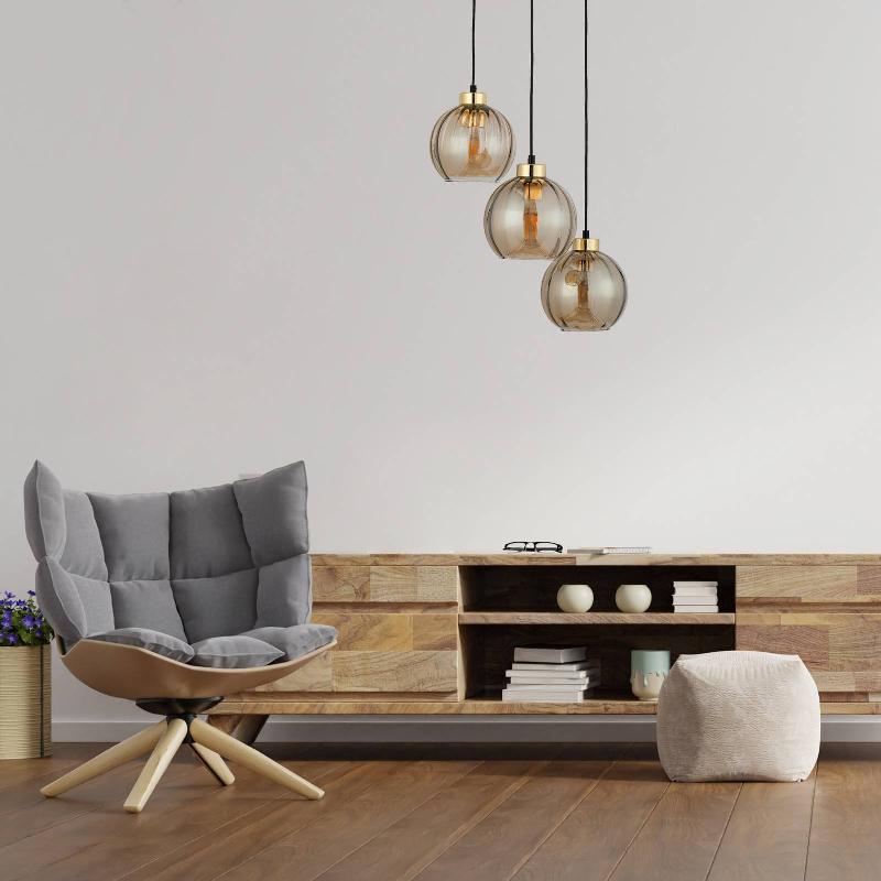 TK LIGHTING SUSPENSION DEVI, AMBRÉE, À 3 LAMPES, RONDE