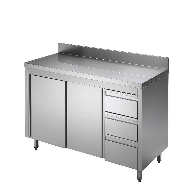 GastroHero Armoire de travail en acier inoxydable ECO avec porte coulissante et 3 tiroirs 18x7 avec dosseret - Acier inoxydable 18/0 ASS3SR-ECO18X7A_0