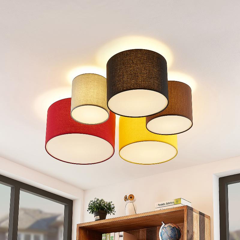 LINDBY PLAFONNIER LAURENZ, 5 LAMPES À 93CM, ROUGE/JAUNE, TEXTILE