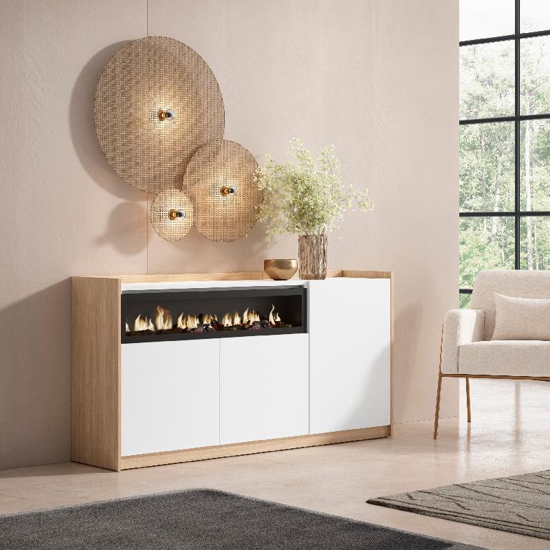 SKRAUT HOME - BUFFET SALON ET CUISINE, 156X80X37 CM, 3 PORTES, CHEMINÉE ÉLECTRIQUE, BLANC ET CHÊNE SOFT