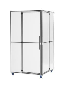 Cabine d'essayage salon QUATTRO - aluminium et parois vikupor 8 mm - 4 tablettes de rayonnage_0