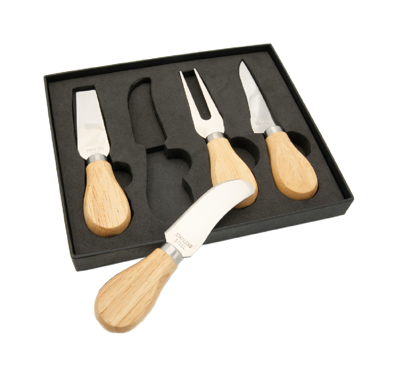 Set de couteaux à fromage - 4 pièces en acier inoxydable avec grip en bois - livré dans une boîte noire_0