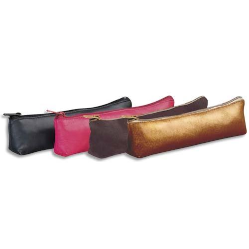PETITE TROUSSE FORME TRAPÈZE EN CUIR TEINTÉ FINITION PIGMENTÉE 19,5X4X1 CM NOIR,ROSE,MARRON,BRONZE - LOT DE 3