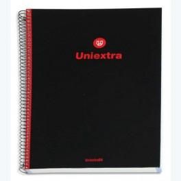 UNIPAPEL CAHIER SPIRALE A4 200 PAGES 90G 5X5 PERFORÉES 4 TROUS+DÉTACHABLES. COUVERTURE CARTE NOIRE/ROUGE