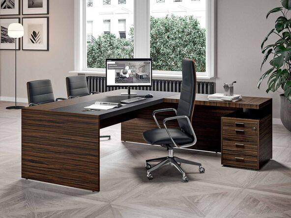 Bureau de direction contemporain avec inserts en cuir et retour caisson fabriqué en Italie_0