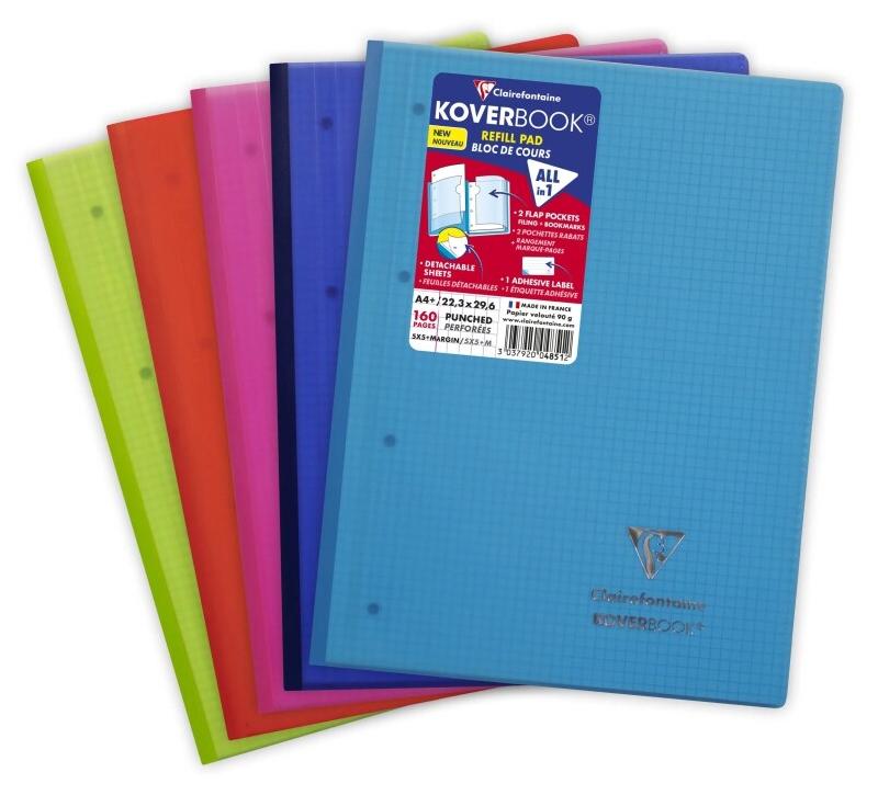 Clairefontaine Lot de 5 Bloc feuillets Kover Book A4+, 80 feuilles perforées micro-perforées 90 g/m², coloris blanc, couv. Assorties, quadrillé 5x_0