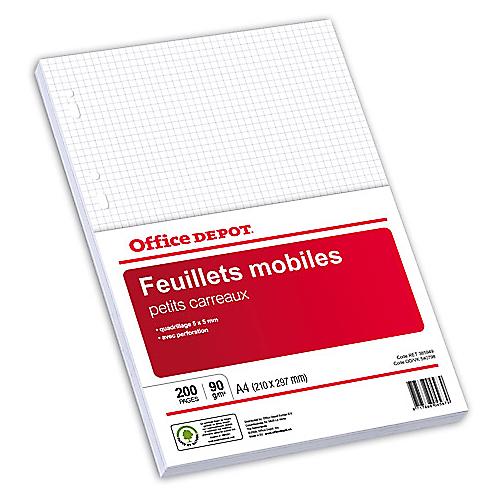 FEUILLETS MOBILES PETITS CARREAUX OFFICE DEPOT A4 BLANC - 200 UNITÉS