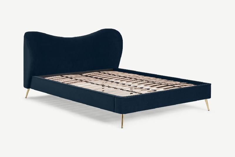 Kooper - Lit king size 160x200 cm en velours bleu saphir avec sommier et pieds en laiton doré_0