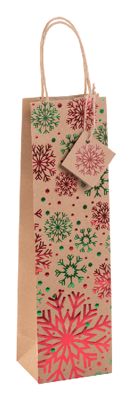 Sac cadeau Noël pour 1 bouteille de vin en papier kraft recyclé - motif estampillé, poignées rondes et étiquette cadeau_0