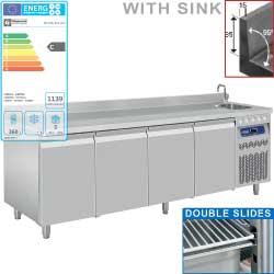 Table frigorifique murale ventilée 4 portes GN 1/1 avec évier - DT224/ELA+EV - Inox alimentaire AISI 304_0