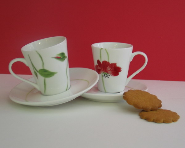 Duo tasses à café - motif coquelicot rouge et vert - porcelaine peinte à la main_0