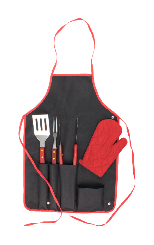 Set barbecue 5 pièces - 3 accessoires inox avec poignées en bois, gant et tablier polyester - Couleur noire_0