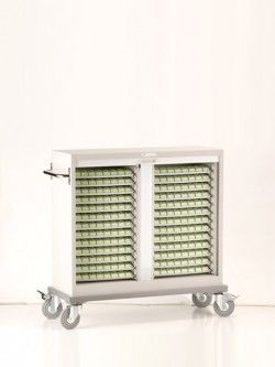 Armoire mobile de transfert TM26 - avec portes rideaux, serrure à clés ou code, 26 plateaux et roues avec frein_0