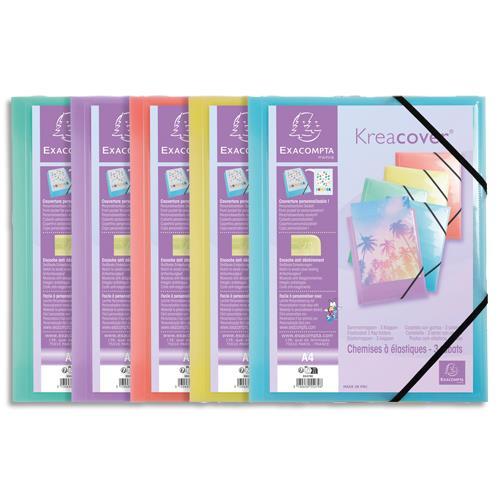 CHEMISE PERSONNALISABLE EXACOMPTA - 1 FACE - 3 RABATS A ELASTIQUE KREACOVER - EN PP - COLORIS ASSORTIS PASTEL - LOT DE 25