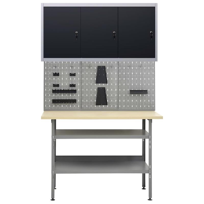 Établi 120 cm avec rangement - 3 panneaux muraux, armoire garage verrouillable, table de travail gris/noir - 02_0003662_0