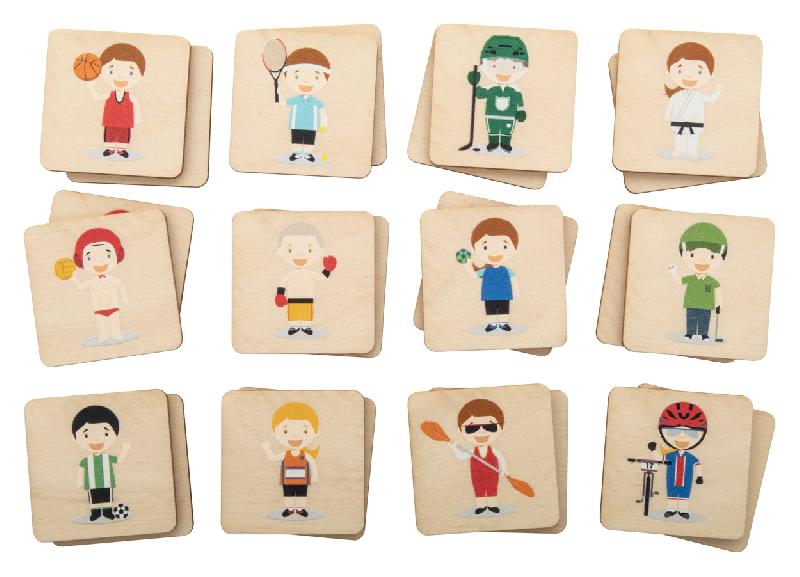 Jeu de memory en bois de bouleau laminé - motifs thématiques - 24 tuiles - impression logo couleur_0