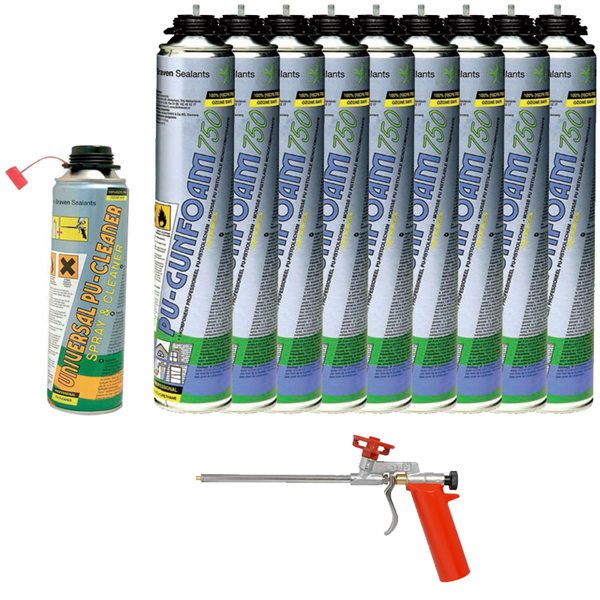 KIT DE MONTAGE MENUISERIE 9 BOMBES DE MOUSSE POLYURÉTHANE 1 NETTOYANT ET 1 PISTOLET