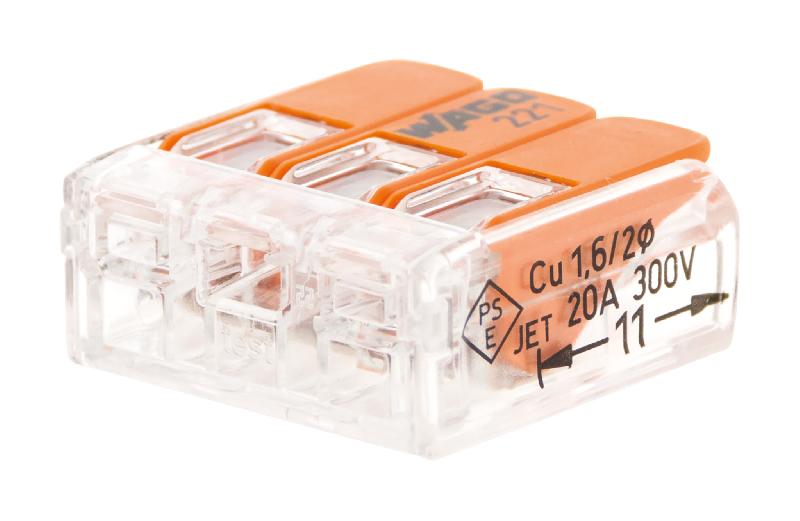 Lot de 10 bornes de raccordement S221 COMPACT - Connexion rapide - 3 conducteurs avec leviers 4mm² - Orange - Wago - Norme CE - Garantie 2 ans_0