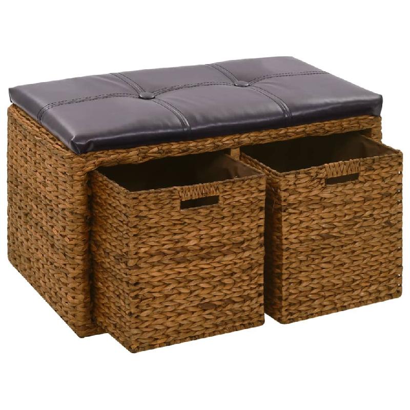 Banc banquette avec 2 paniers en jacinthe d'eau - 71 x 40 x 42 cm - Marron et noir - Coussin confortable inclus_0