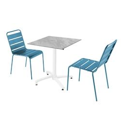 Oviala Business - Ensemble table de terrasse stratifié marbre 70x70cm et 2 chaises en métal bleu pacific - Pied KLIPO inclinable_0