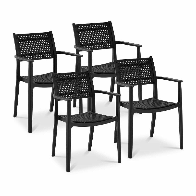 LOT DE 4 CHAISES SALON SALLE À MANGER RESTAURANT CAFÉS BUREAUX TERRASSES SALLES D\'ATTENTE 150 KG MAX DOSSIER TRESSÉ ACCOUDOIRS NOIR 14_0005996_0