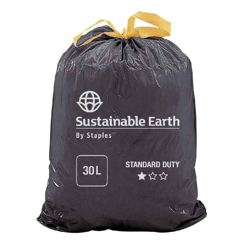 SUSTAINABLE EARTH BY STAPLES SACS POUBELLES RECYCLÉS AVEC CORDON, NOIR, 30 L, LOT DE 25