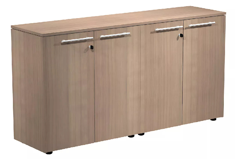 Armoire basse 4 portes en mélaminé avec serrure - 2 étagères réglables - L. 163 x P. 43 x H. 81 cm - So Flora - Noyer Naturel_0