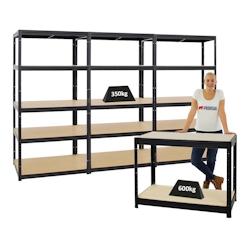 PROREGAL Mega Deal 3x Étagère charge lourde SLIM ELEPHANT M HxLxP 180x90x60cm & 1x Etabli DINO réglable en hauteur 90x120x60cm, 600kg par niveau -_0