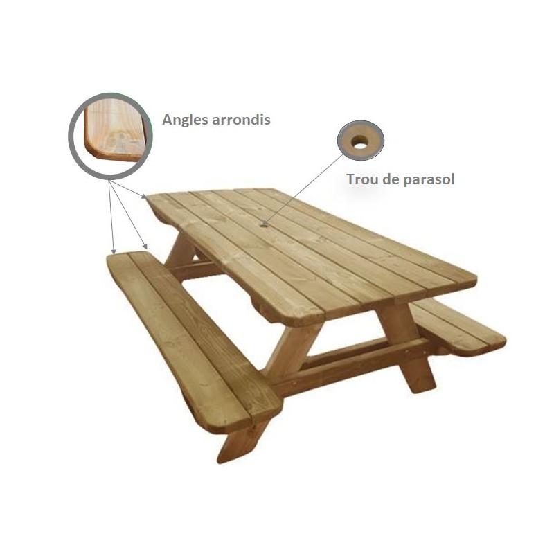 Table pique-nique en bois avec trou à parasol_0