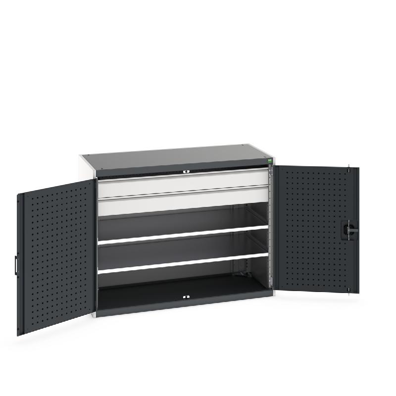 Armoire d'atelier Cubio SMF-13610 - Portes Perfo, 2 tablettes, 2 tiroirs - 1300x650x1000 mm_0