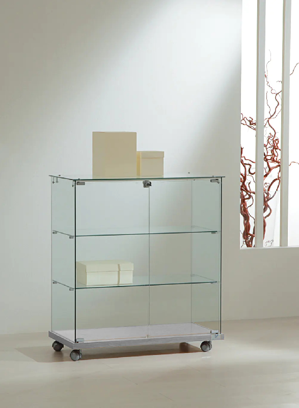 Petite vitrine basse d'exposition en verre trempé 8/90VA - socle bois - gris - dimensions compactes_0
