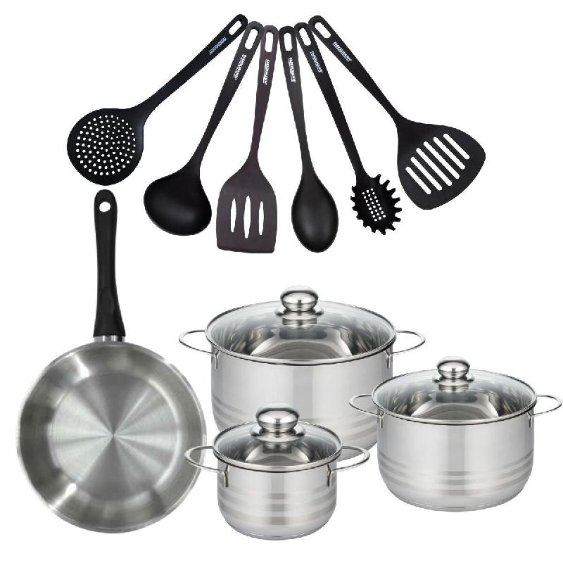 Batterie de cuisine avec 1 poêle 24 cm et 3 faitouts 16/20/24 cm avec 6 ustensiles de cuisine sans PFAS Fackelmann Généva Brillant Fénix - gris in_0