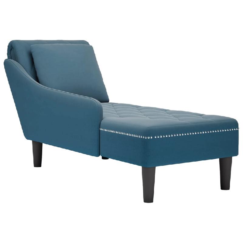 Décoshop26 - Méridienne chaise longue pour intérieur avec coussin et accoudoir droit en velours bleu bouton décoratif DEC026252 - bleu 3000255718351_0