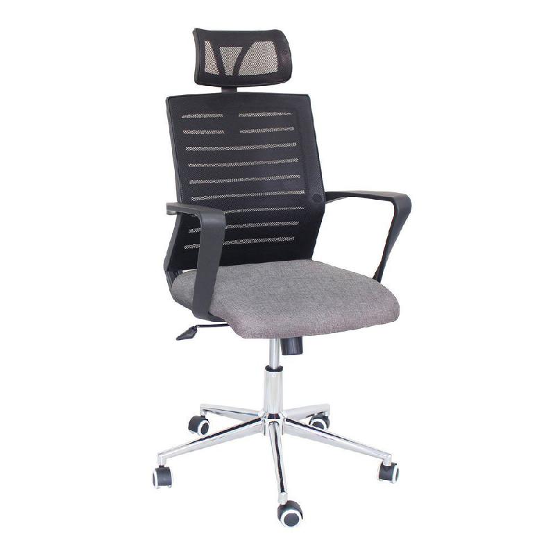 FAUTEUIL DE BUREAU OSLO AVEC APPUI-TETE - TISSU GRIS AVEC DOSSIER EN MAILLE FILET NOIR