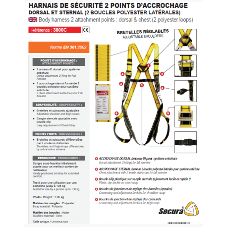 Harnais 2 points d'accrochage dorsal + sternal avec 2 boucles polyester laterales référence 3800c_0