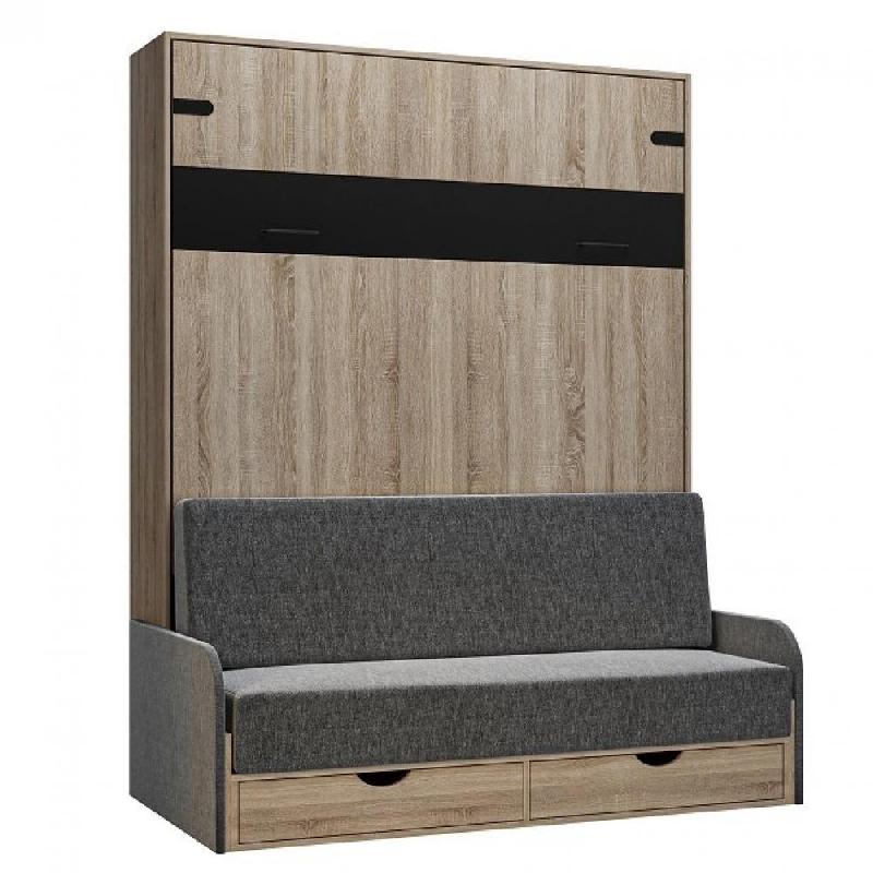 Lit escamotable industriel KEY SOFA - chêne, canapé avec accoudoirs tissu gris, couchage 160x200 cm_0