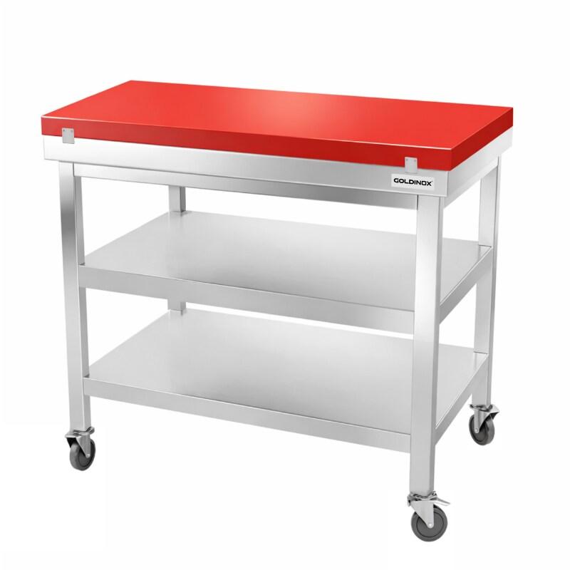 Table de travail en inox 1000x700 mm avec plaque de découpe rouge et 2 étagères sur roulettes PREMIUM - GOLDINOX - gris inox 3701770840199_0