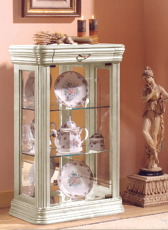 Vitrine en bois massif DV56VA - laqué crème cérusé avec fond miroir et 2 tablettes réglables_0