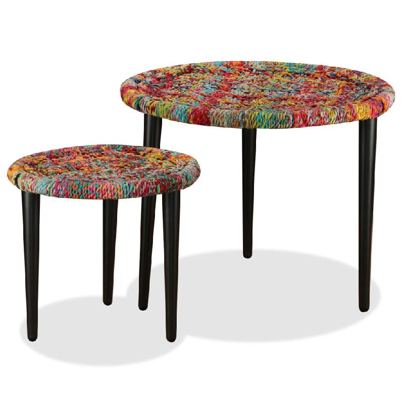 Décoshop26 - Lot de 2 tables d'appoint de salon design moderne en tissés chindi multicolore et acier DEC037035 - acier 3000263061104_0