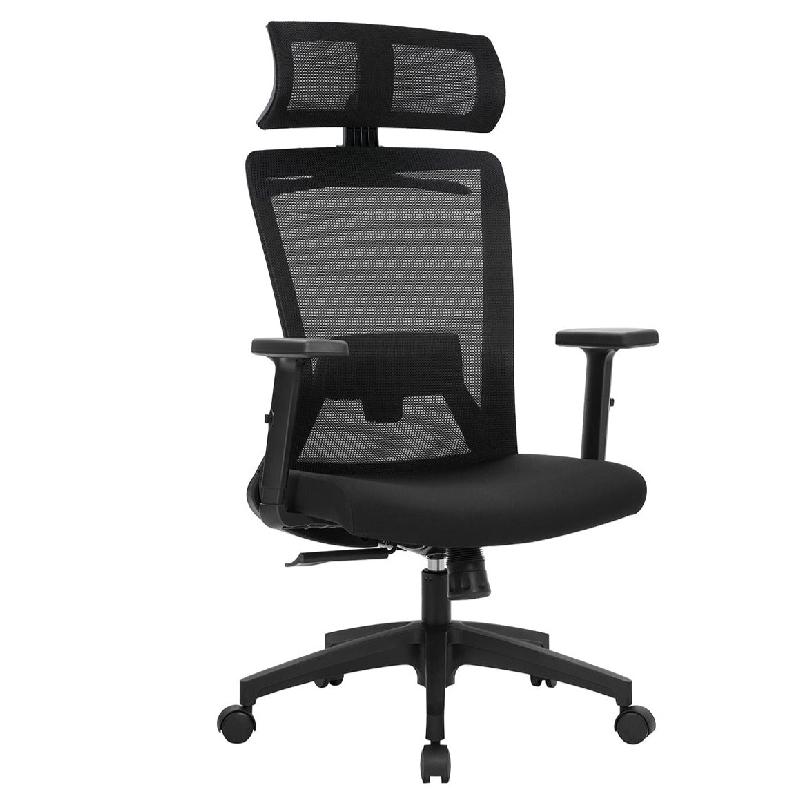 Fauteuil de bureau ergonomique en toile - Dossier inclinable jusqu'à 110° - Hauteur réglable - Accoudoirs et appui-tête ajustables - Noir - Avec cintre pour manteau - Réf : 12_0001406_0
