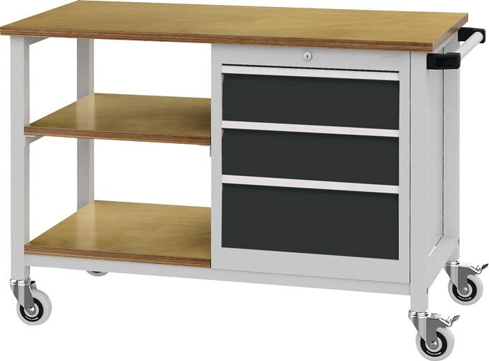 Établi mobile l.1200xP540xH880 mm - hêtre Multiplex gris clair/gris anthracite - 3 tiroirs (2 x 150 mm, 1 x 200 mm) - charge totale 400 kg_0