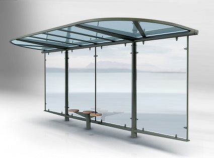 Abri bus héritage / structure en acier / bardage en verre securit / avec banquette / 640 x 185 cm_0