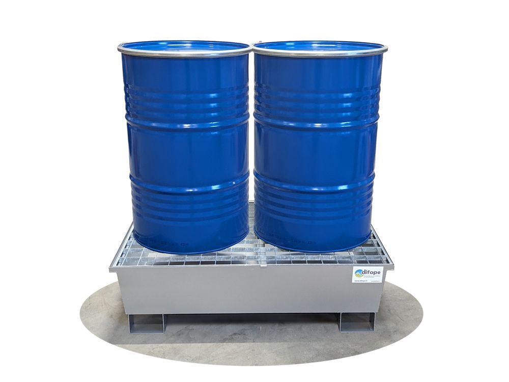Bac de rétention acier galvanisé - 220 L pour 2 fûts debout avec caillebotis amovibles_1