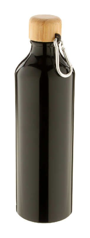 Bouteille en aluminium - 800 ml - couvercle en bambou et mousqueton - couleur noire_0
