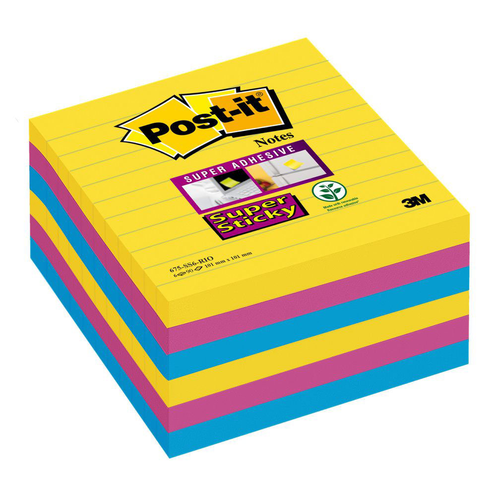 NOTES POST-IT SUPER STICKY LIGNEES - GRAND FORMAT 10 X 10 CM - COLORIS ASSORTIS RIO - LOT DE 6 BLOCS DE 90 FEUILLES